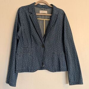 Chambray Denim Blue Cotton Polka Dot Blazer Business Casual Classic Spring